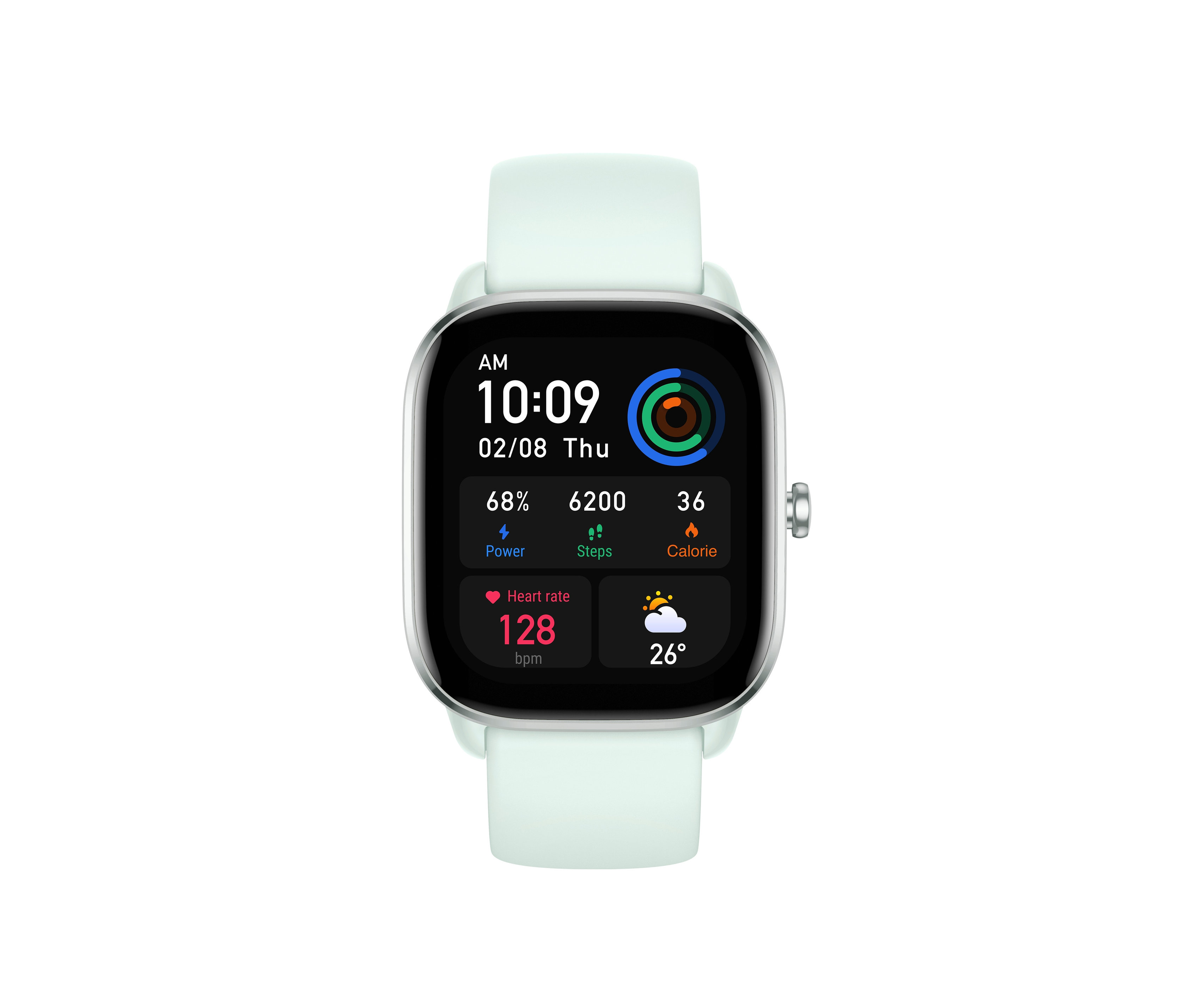 Die Amazfit GTS 4 Mini-Smartwatch in Mint Blue zeigt die Uhrzeit 10:09 und eine Herzfrequenz von 128 bpm an.