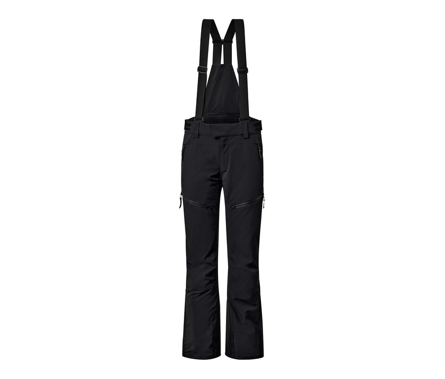 Eine schwarze High-Tech-Skihose mit Trägern und Reißverschlüssen.