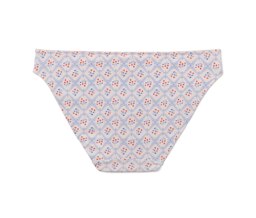 Detailaufnahme eines weißen Slips mit blauem und rotem Blumenmuster. 5 Slips.