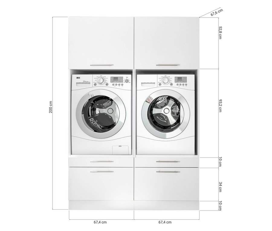 Zwei weiße Respekta Waschmaschinenschränke übereinander nebeneinander.