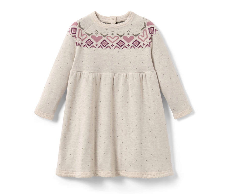 Kinder-Strick-Kleid mit Norwegermuster aus Herzen und Rauten.