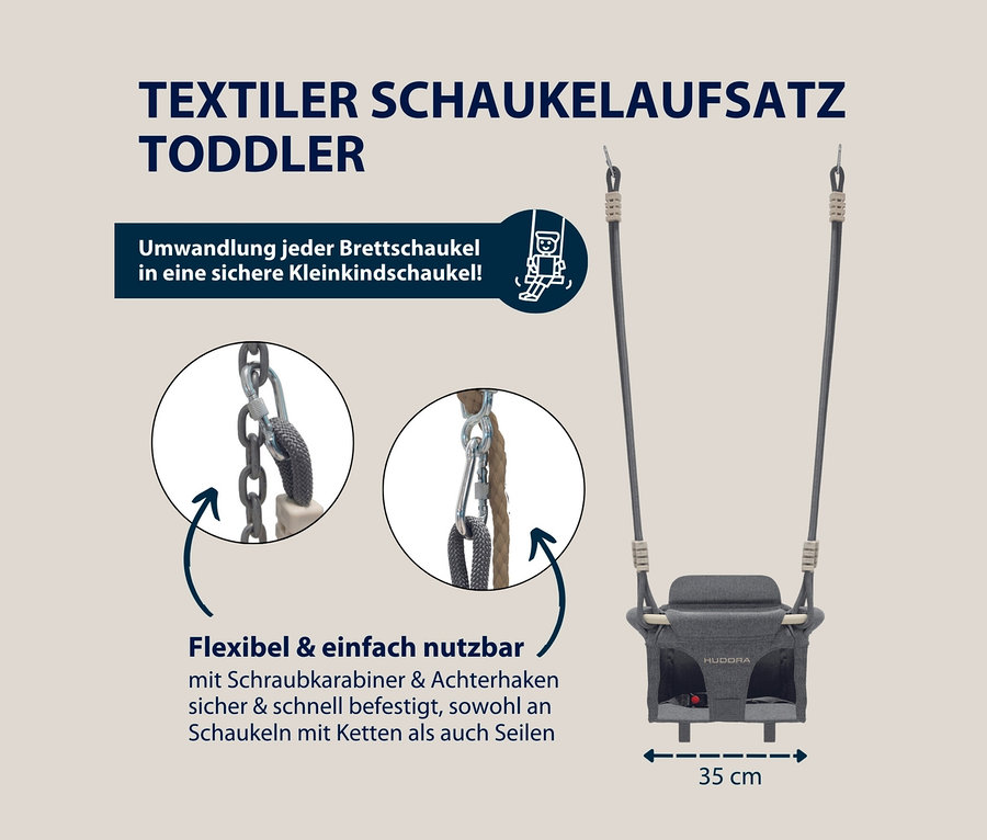 Graue HUDORA Schaukelaufsatz Toddler mit Befestigungsseilen und Metallclips.