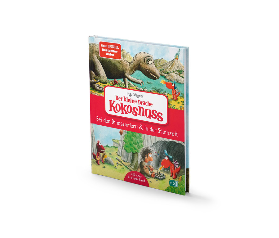 Das Buch: »Der kleine Drache Kokosnuss ‒ bei den Dinosauriern & In der Steinzeit« zeigt einen Dinosaurier und einen kleinen Drachen.