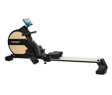 Ein schwarz-beiges Rudergerät „Ergometer Vico“ mit Bildschirm.