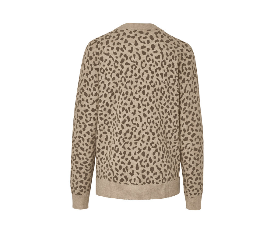 Rückansicht eines bedruckten Strickpullovers.