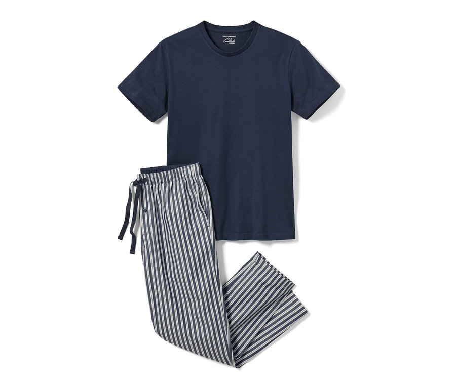 Marineblaues T-Shirt und Pyjama mit gewebter Hose.