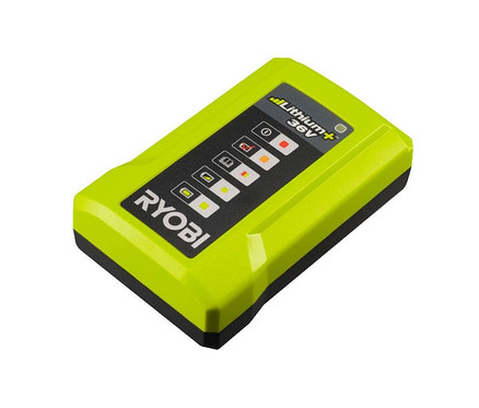 Ein gelbes Ryobi 36V Max Power RY36C17A Akku-Ladegerät auf weißem Hintergrund.