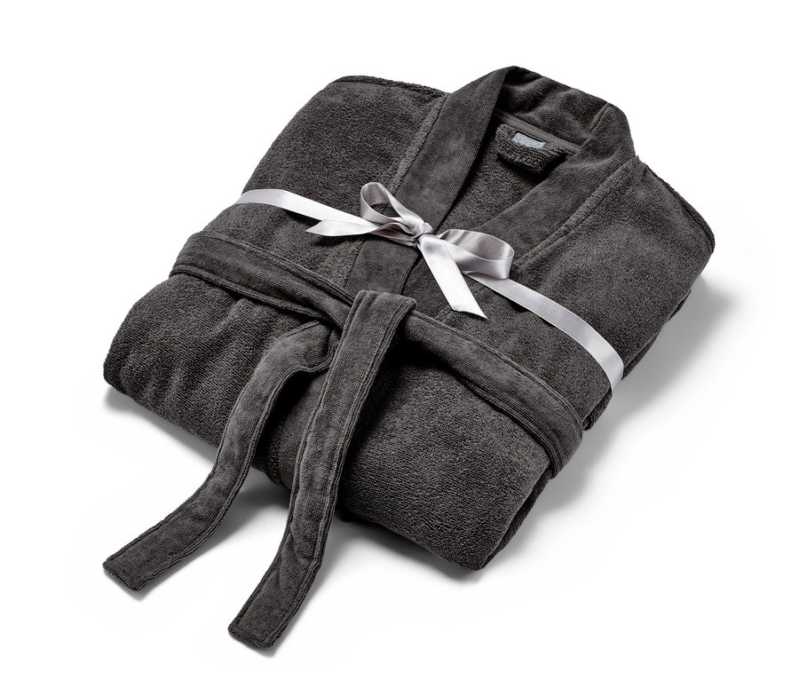Zusammengelegter Premium-Herren-Bademantel, anthrazit, mit grauem Band.