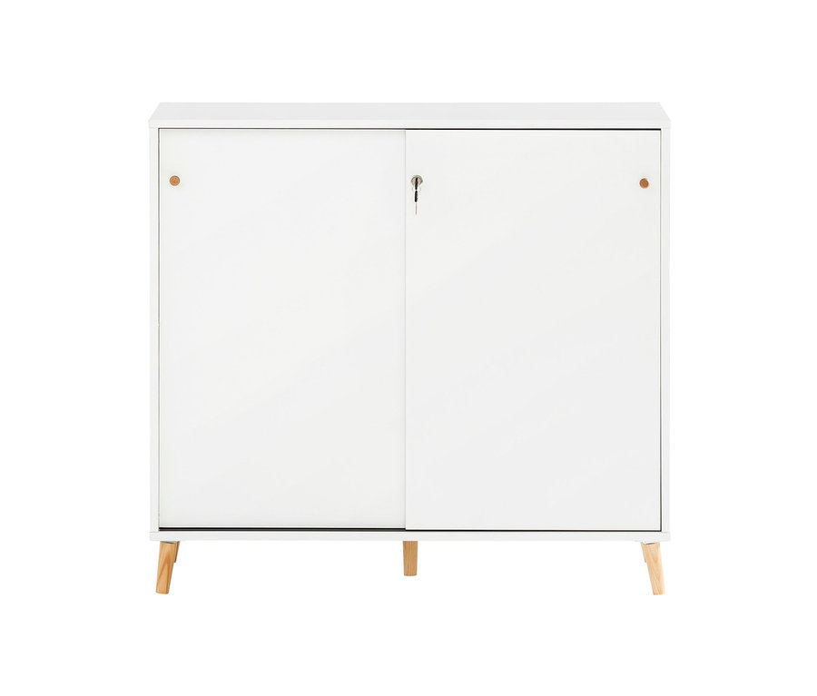 Weißer Schiebetürenschrank »Serie 500« mit Holzfüßen.