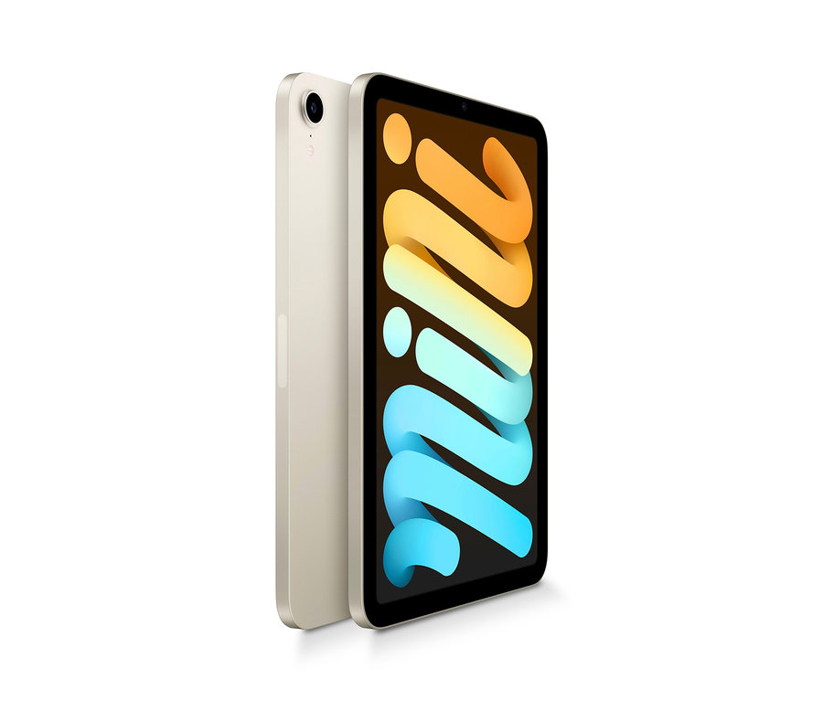 Zwei Apple iPad mini mit WiFi 2021 8,3" 256 GB, polarsternfarben, auf weißem Hintergrund.
