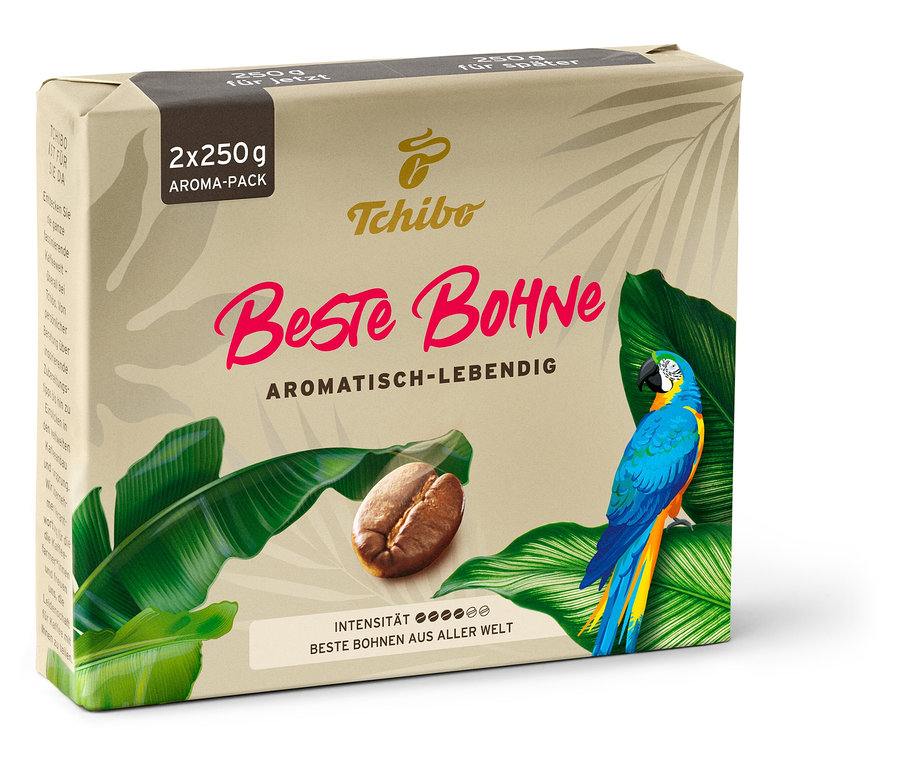 Eine 2x250g Packung Beste Bohne Kaffee mit Papagei und Kaffeebohnen Motiv.