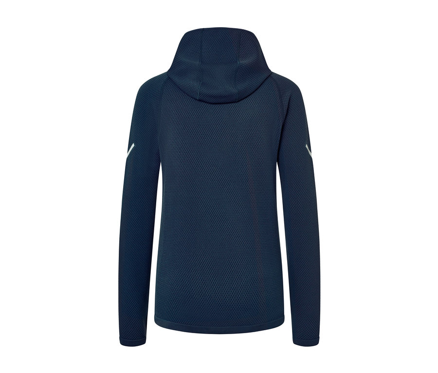 Dunkelblaues Seamless-Funktionslaufshirt mit Kapuze von hinten.