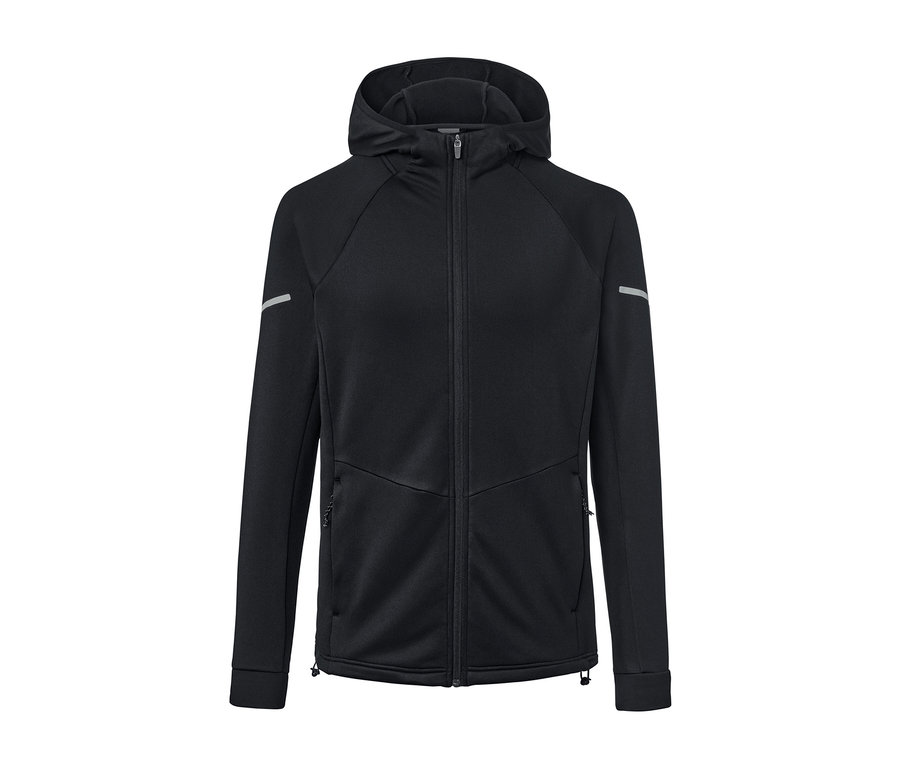Eine schwarze Thermojacke mit Reißverschluss und Kapuze.