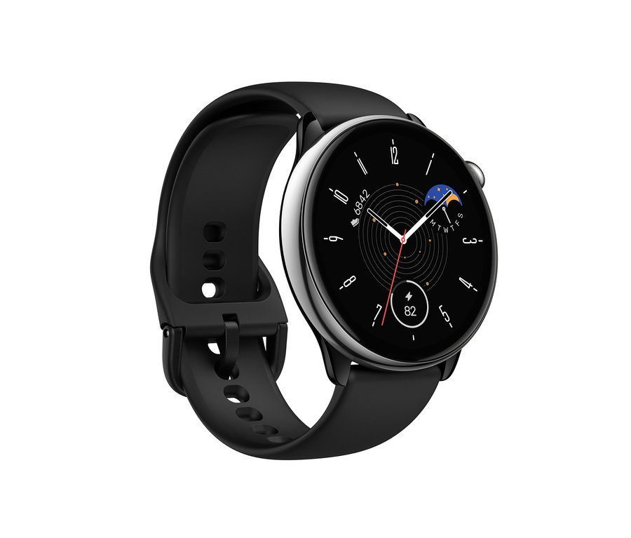 Nahaufnahme der schwarzen Amazfit GTR Mini Smartwatch mit rundem, silbernem Gehäuse und schwarzem Armband.