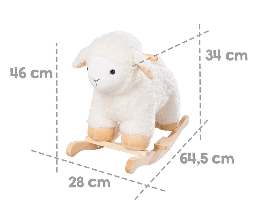 Abmessungen des roba Schaukeltiers Schaf werden mit Linien und Zahlen dargestellt.