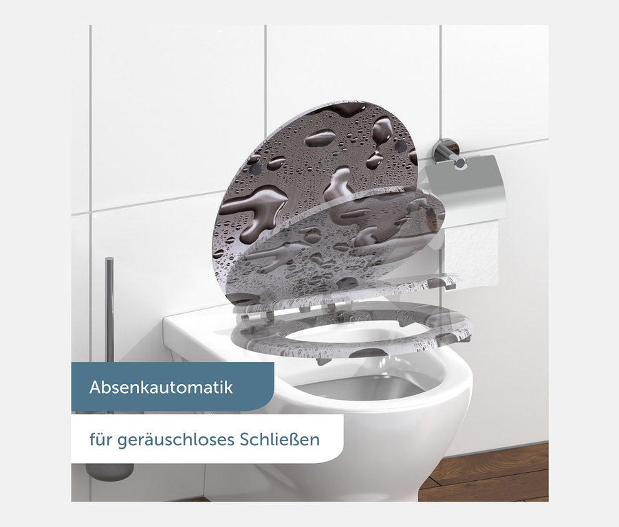 Weisse Toilette mit MDF WC-Sitz, Grey Steel Klobrille mit Wassertropfenmuster.