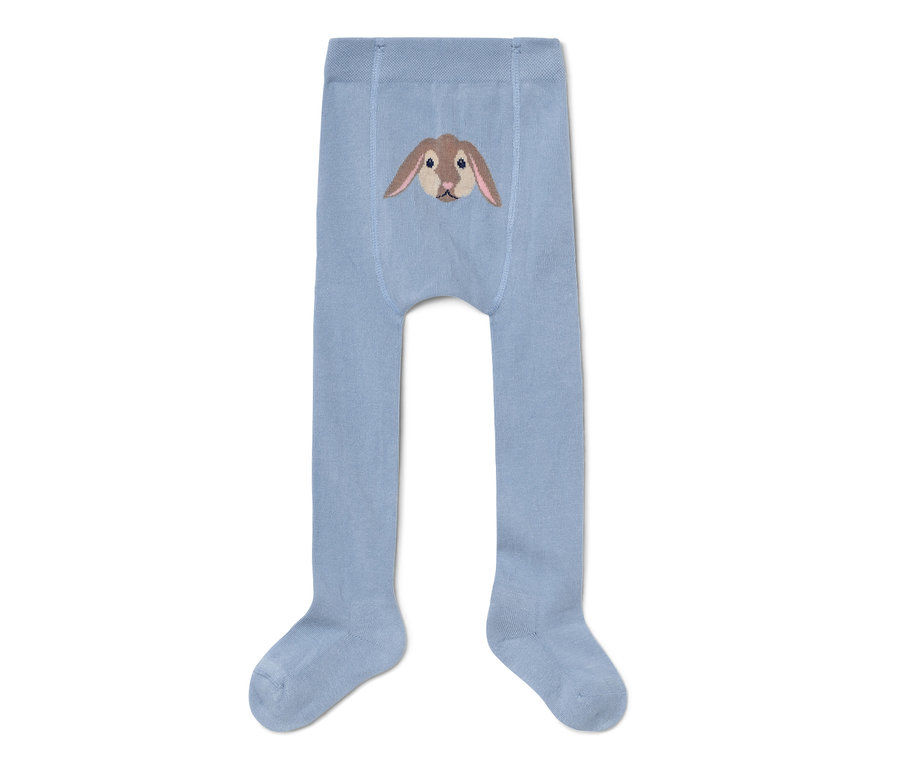 Eine hellblaue Baby-und-Kleinkind-Strumpfhose mit Hasenmotiv.