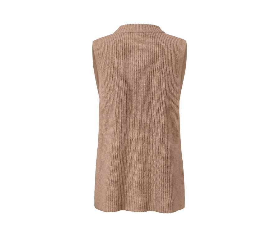 Detailansicht der Rückseite eines beige melierten Strick-Pullunders.