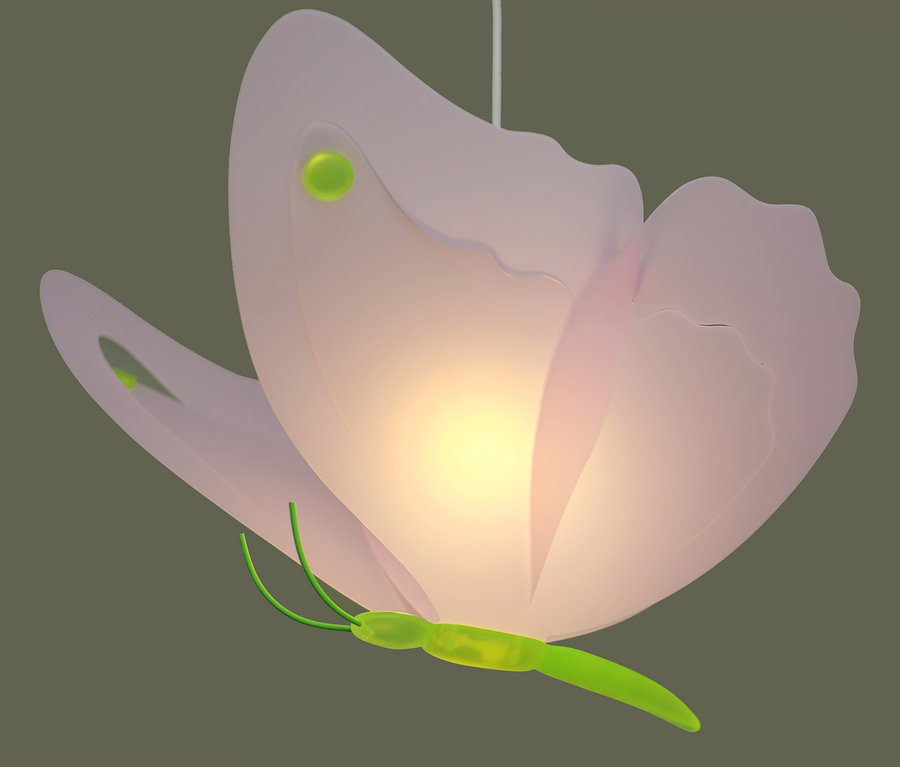 Nahaufnahme der Deckenlampe »Schmetterling« mit rosa Flügeln und grünem Körper.