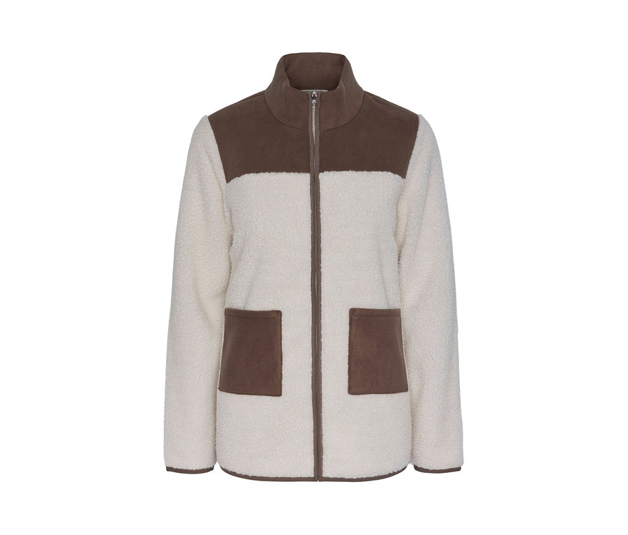 Beige-braune Teddy-Jacke mit Reißverschluss und Taschen.