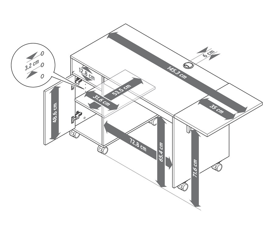 Die Abmessungen des Multifunktionstischs mit erweiterbarer Tischplatte sind mit Pfeilen dargestellt.