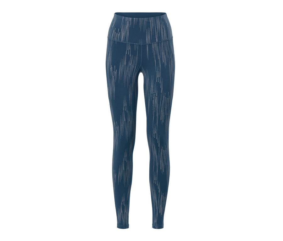 Blaue Sporttight mit silberfarbenem, reflektierendem Aufdruck.