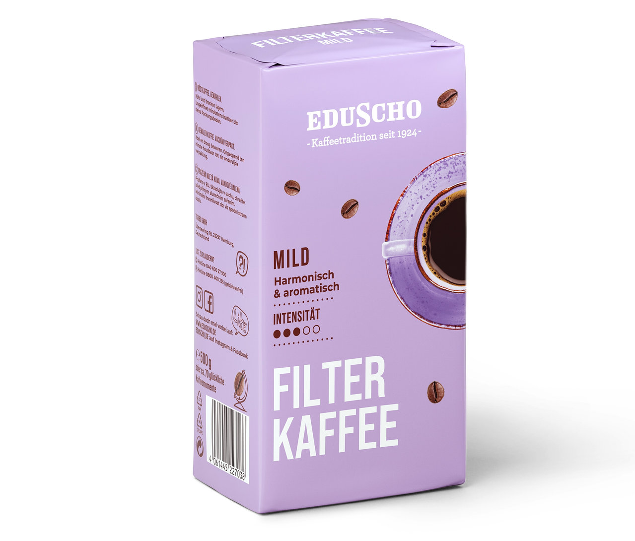 Eine Packung Eduscho Filterkaffee Mild mit einer Abbildung einer Tasse Kaffee.