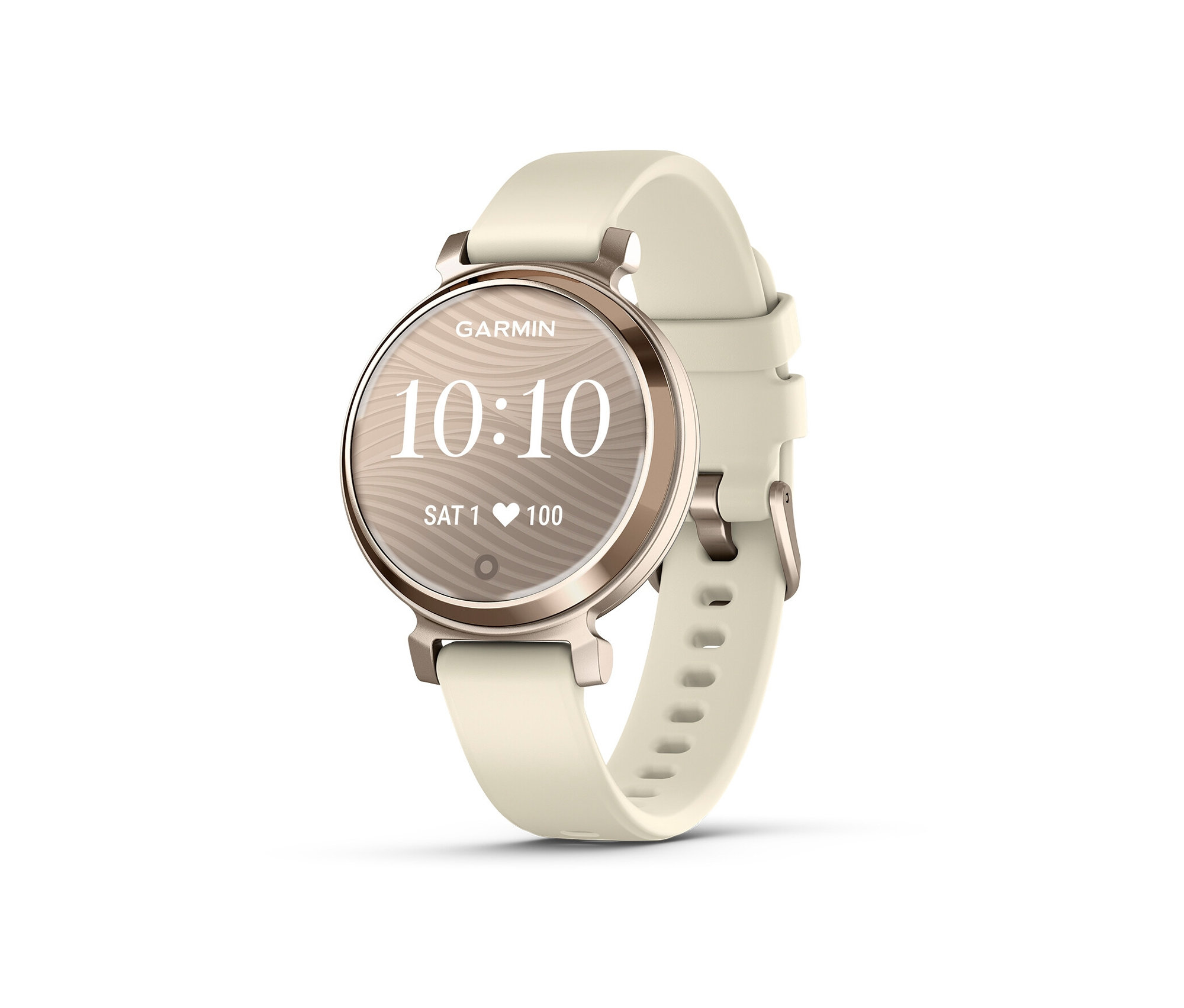 Detailaufnahme einer cremefarbenen GARMIN Lily® 2 mit einem cremefarbenen Armband.