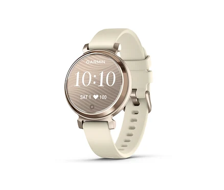 Detailaufnahme einer cremefarbenen GARMIN Lily® 2 mit einem cremefarbenen Armband.