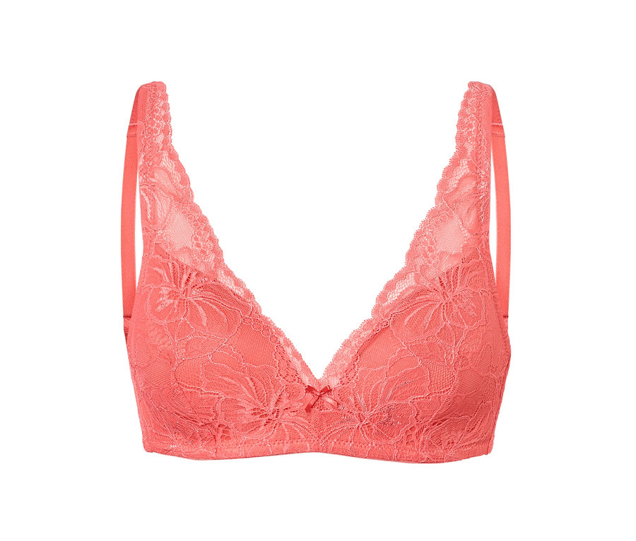 Papaya-farbener Softschalen-BH mit Blumenmuster-Spitze.
