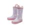 Zwei Kinder-Regenstiefel mit Schwan-Motiv.