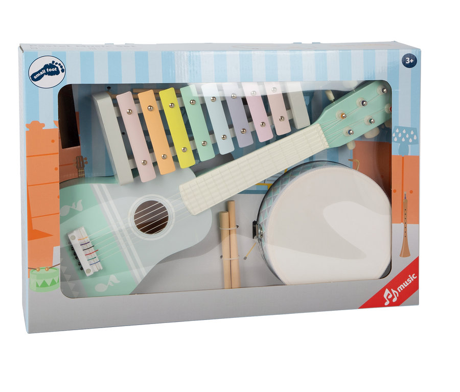 Eine Verpackung des small foot Musik-Sets »Pastell«. Das Set beinhaltet ein Xylophon mit Pastellfarben, eine hellblaue Gitarre und eine Trommel.