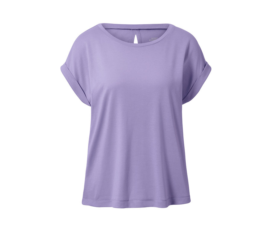 Lila 2-in-1-Kurzarm-Sportshirt.