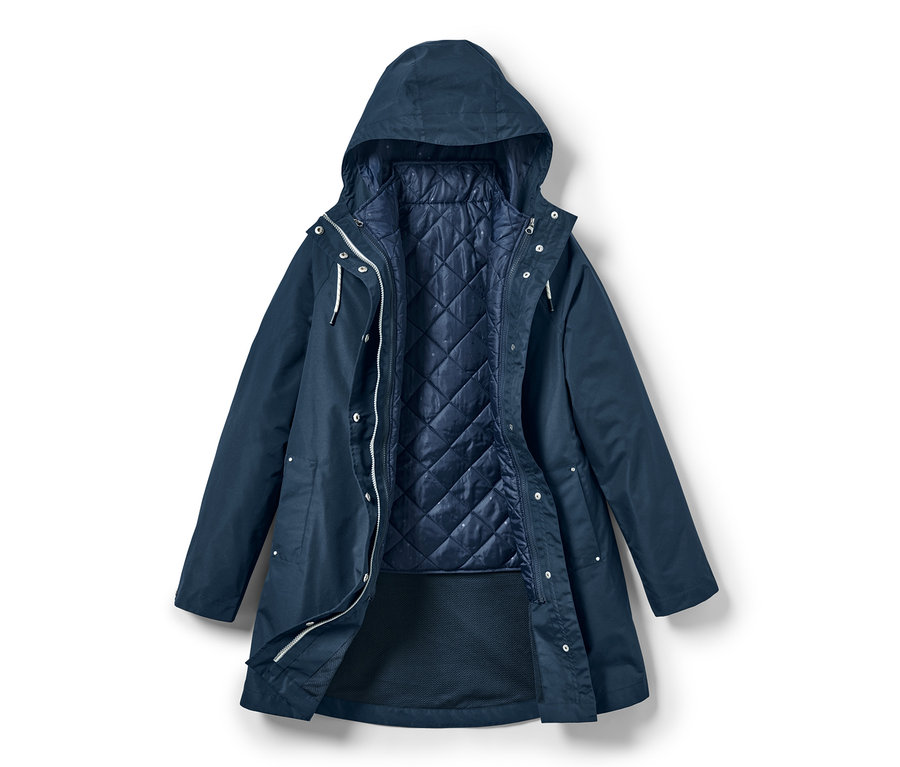 Geöffnete, marineblaue 3-in-1-Regenjacke mit Kapuze.