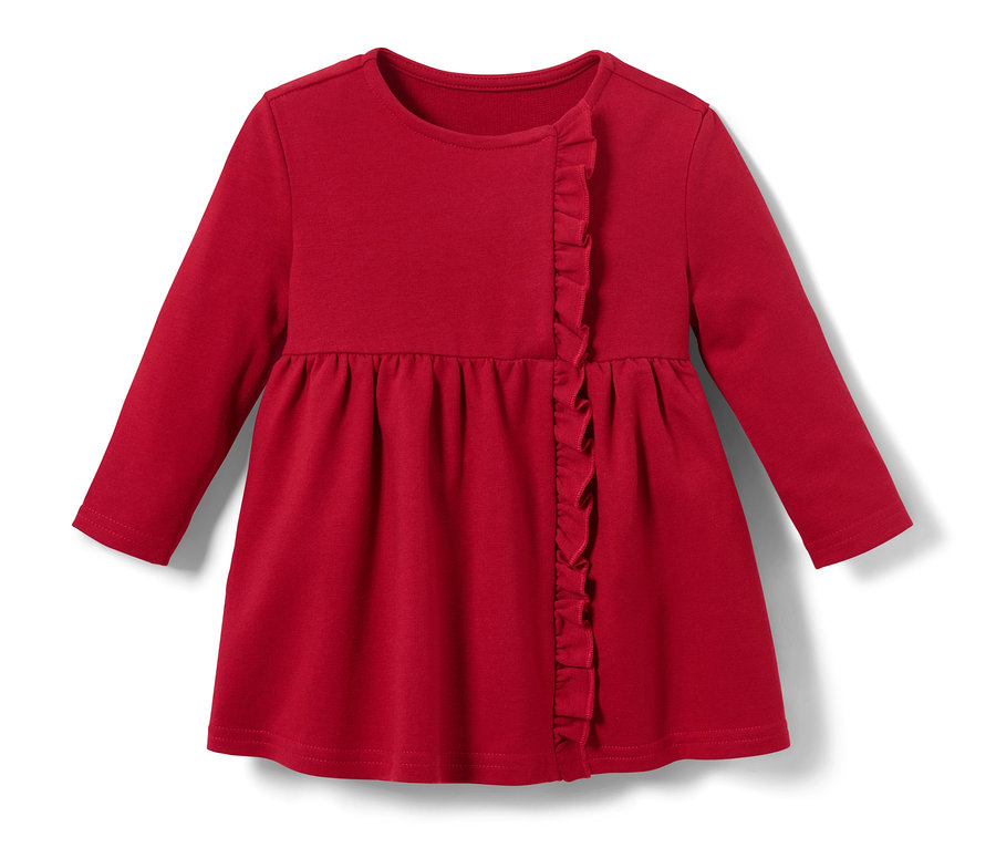 Rotes Baby-Sweatkleid mit langen Ärmeln und Rüschen.