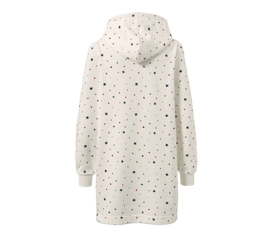Rückansicht eines cremefarbenen Loungewear-Kleids mit Sternenmuster und Kapuze.