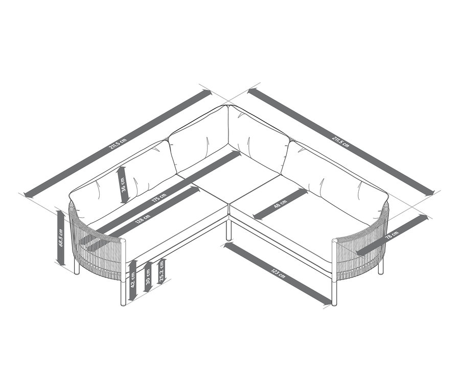 Zeichnung einer Lounge-Ecke »Jara« mit Textilgeflecht und Abmessungen.