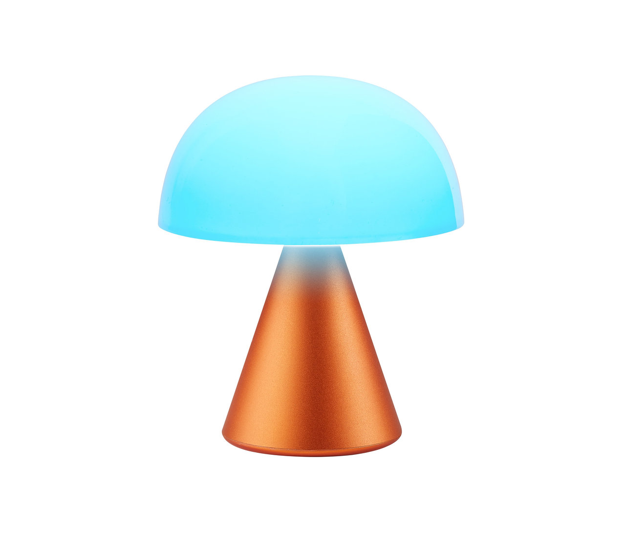 Orangefarbene LED-Akku-Tischleuchte »Mina M« mit blauem Lampenschirm in Form eines Pilzes.