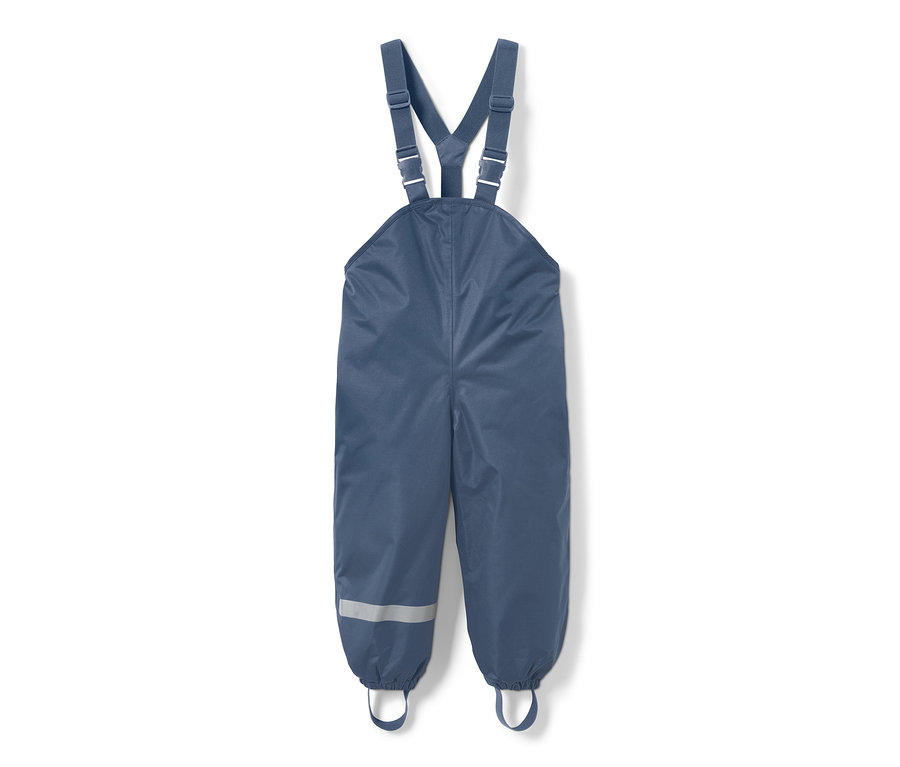 Dunkelblaue Kinder-Thermo-Regenhose mit Latz und Reflexstreifen am Hosenbein.