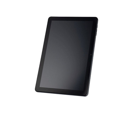 Ein schwarzes Tablet auf einem weißen Hintergrund.