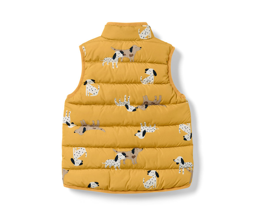 Gelbe Kinder-Steppweste mit Hundeprint.