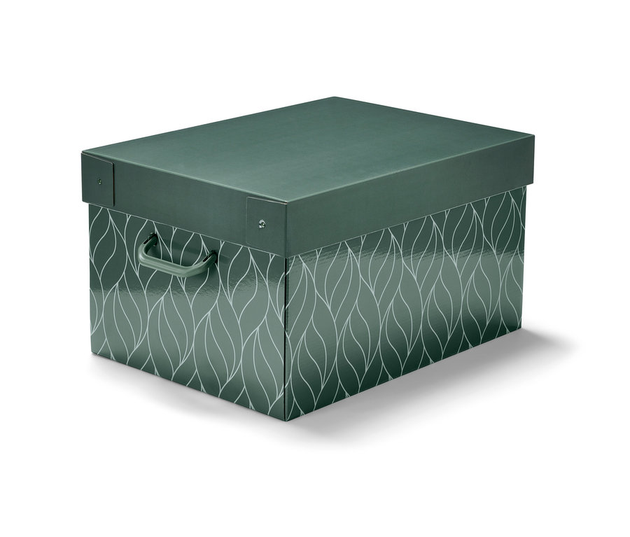 Eine geschlossene, grüne Weihnachtsordnungsbox mit weißem Blattmuster.