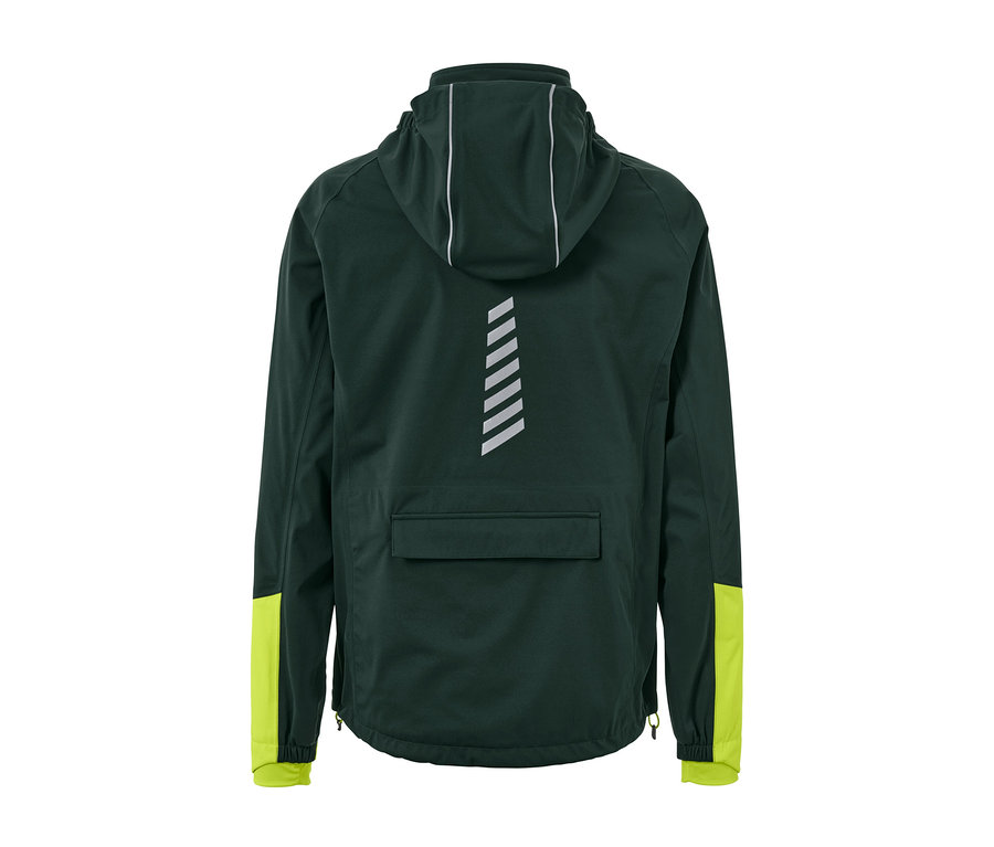 Dunkelgrüne Rad-Regenjacke von hinten, mit gelben Ärmelenden und reflektierenden Elementen.