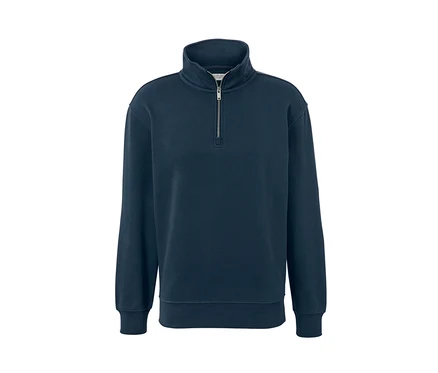 Dunkelblauer Sweat-Troyer mit kurzem Reißverschluss.