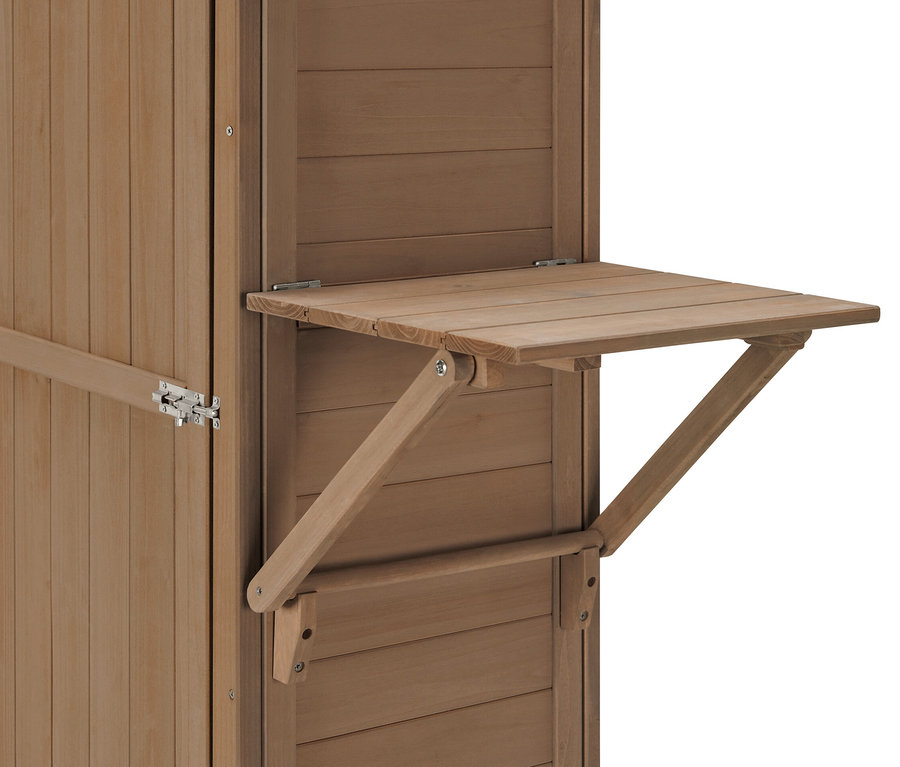 Detailansicht des großen Gartenschranks »Tinus« mit hochklappbarem Seitenregal.