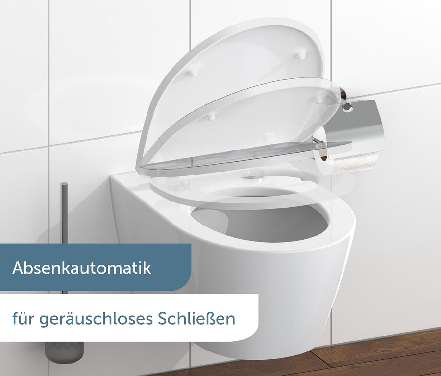 Weiße Toilette mit geöffnetem SCHÜTTE Duroplast-High-Gloss-WC-Sitz »ROUND DIPS«.