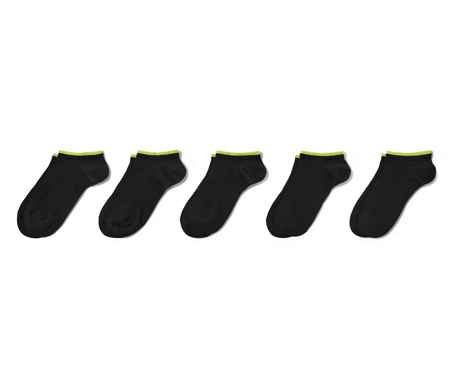 Fünf Paar schwarze Kinder-Sportsocken mit neon-grünem Rand. 5 Kinder-Sportsocken.