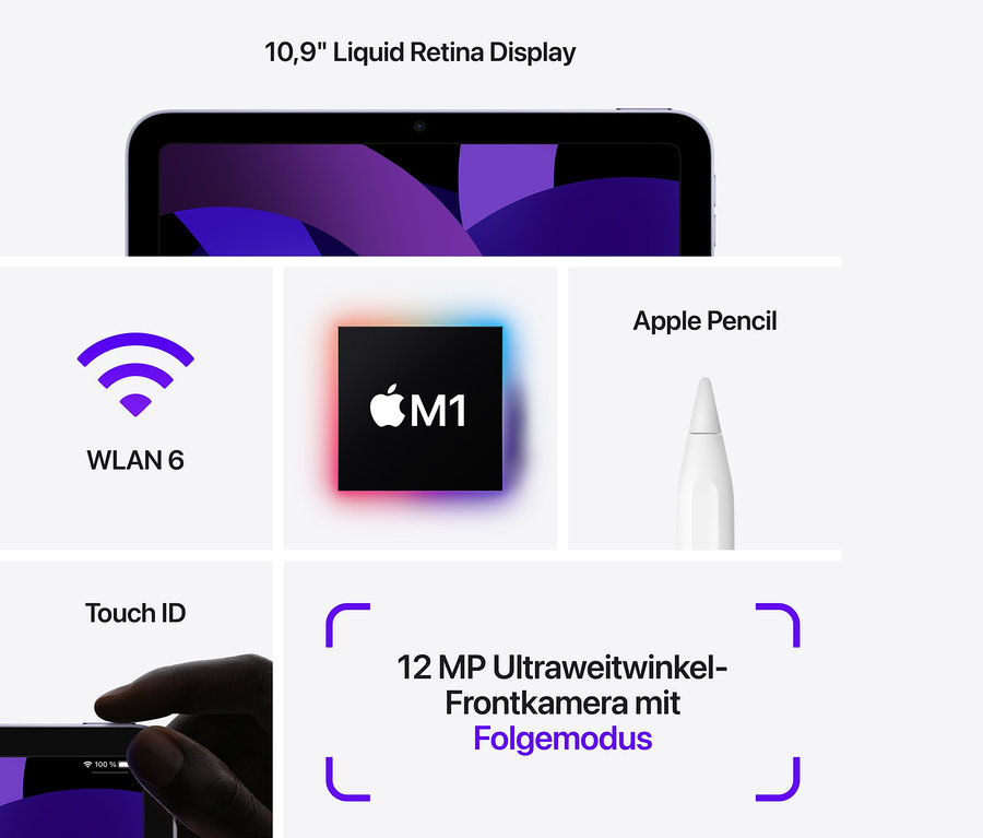 Detailansicht des Apple iPad Air 2022 Wi-Fi 256 GB, space-grau mit Liquid Retina Display, Apple Pencil und Touch ID.