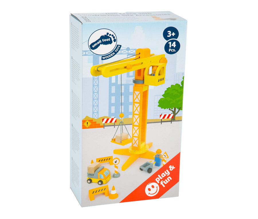 Abbildung eines gelben small foot Spielzeug-Baukrans mit Zubehör.