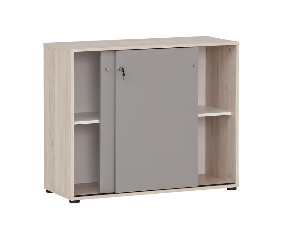 Schiebetürenschrank mit abschließbaren Türen »Serie 400«, platingrau und Sandeichen-Dekor.